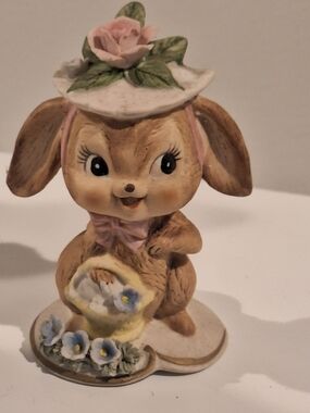 Lefton Vintage Ceramic Bunny Figurine with Pink Hat and Flower Basket
